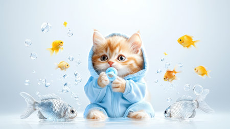 Cute kitten wearing baby outfit looks precious while holding bottleの素材