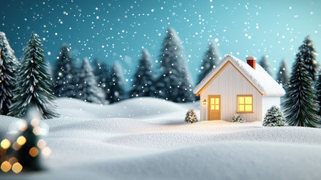 Snowy cottage glows warmly on cold winter day, inviting and cozyの素材