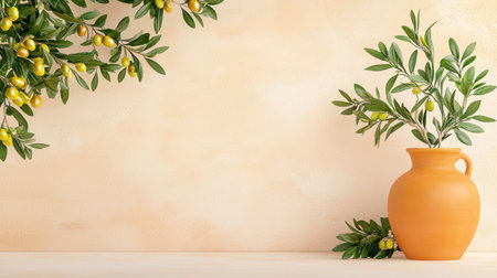 Olive branch and vase are inviting, adding touch of serenity to this sceneの素材