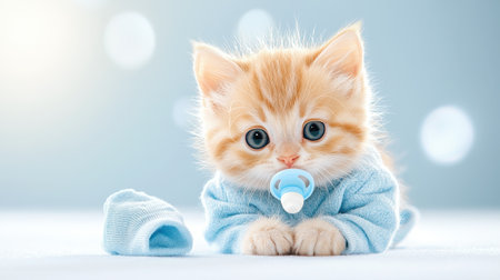 Cute kitten in romper feels content with pacifier in mouthの素材