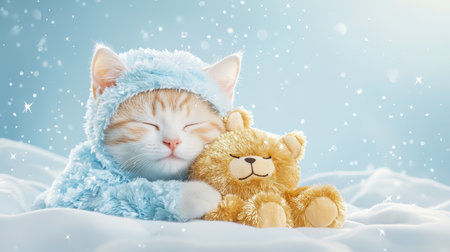 Cute kitten sleeps peacefully with toy in blue costume on snowy dayの素材