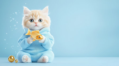 Cat portrait in light blue outfit shows joy and wonder with its toyの素材