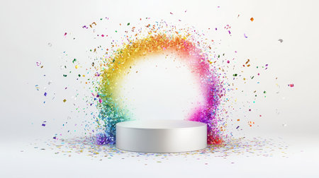 Here possible output based image and instructions White pedestal radiates joy amid colorfulの素材