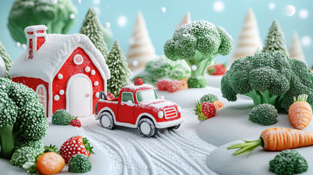 Gingerbread house and trees create playful, whimsical winter sceneの素材