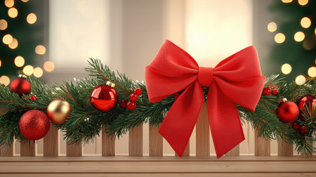 Festive Christmas decoration, adorning staircase, evokes sense of holiday cheerの素材