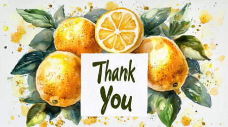 Thank you lemons and leaves in watercolor conveys gratitude and happinessの素材