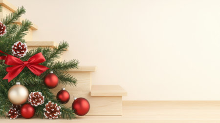 Cozy stair is decorated with ornament displaying happiness of holiday seasonの素材