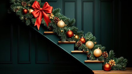 Festive staircase adornments evokes heartwarming sense of holiday spiritの素材