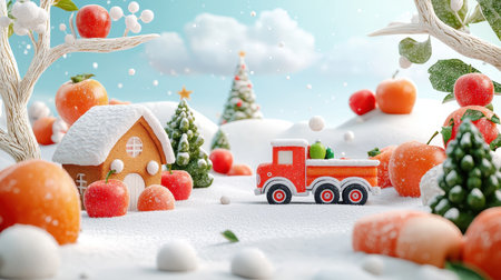 Carrot crafted tiny house with truck sitting on snow covered hill looks happyの素材