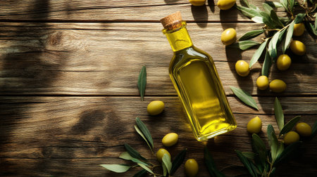 Glass bottle of olive oil surrounded by olives and leaves on wooden tableの素材