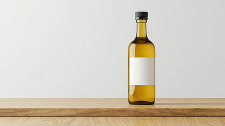 Olive Oil Bottle on Wooden Surface with Blank Label for Custom Branding Purposesの素材