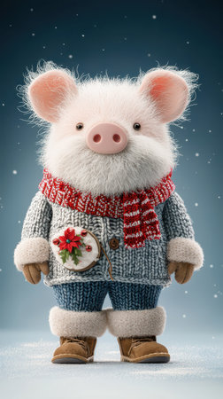 Cute Winter Pig Character Dressed for Holiday Season with Cozy Sweater and Scarfの素材