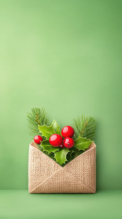 Festive Envelope with Holly, Pine, and Red Berries on Green Backgroundの素材