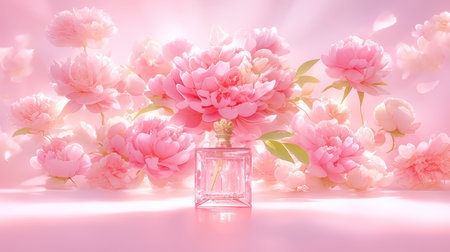 Elegant Pink Floral Arrangement with Perfume Bottle in Soft Light and Dreamy Atmosphereの素材