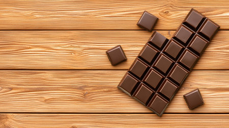 Delicious Dark Chocolate Bar Pieces on Wooden Background for Sweet Treat Loversの素材