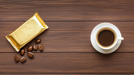Coffee and Chocolate Bar on Wooden Table with Coffee Beans and Cup of Fresh Brewの素材