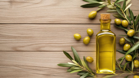 Olive Oil Bottle with Green Olives and Olive Branch on Wooden Table Surfaceの素材