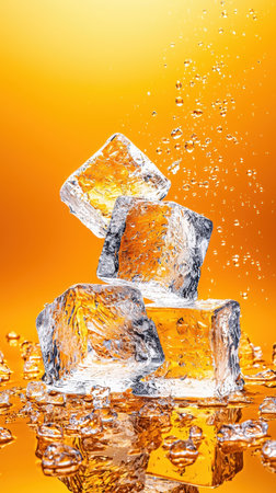 Ice Cubes Falling into Water with Vibrant Orange Background and Bubbles Risingの素材