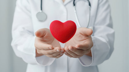 Caring Doctor Holding Red Heart Symbol in Hands Representing Compassion and Healthの素材