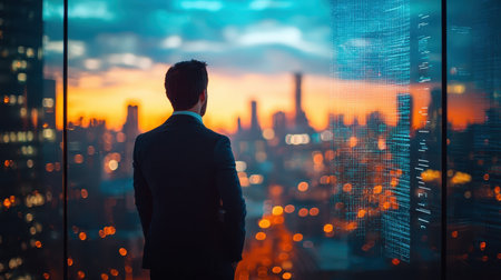 Businessman in Suit Contemplating City Skyline at Sunset with Vibrant Urban Lightsの素材