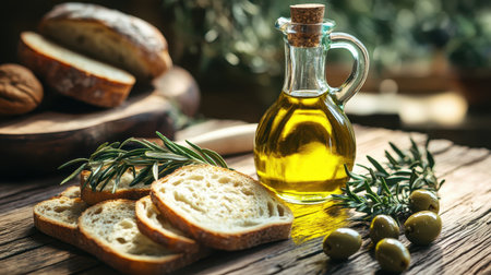 Fresh Olive Oil with Bread and Green Olives on Rustic Wooden Tableの素材