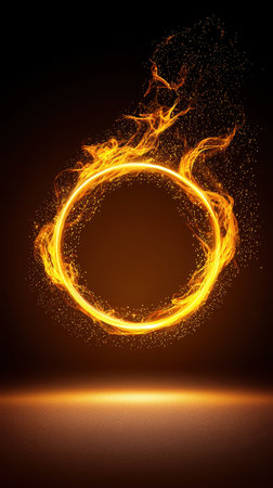 Bright and Dynamic Flame Circle with Sparkles on a Dark Backgroundの素材
