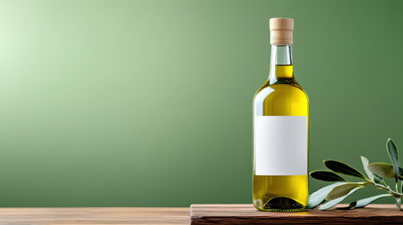 Elegant Olive Oil Bottle on Wooden Surface with Green Background and Leafy Accentsの素材
