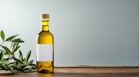 Glass Bottle of Olive Oil with Blank Label and Green Olive Branch on Wooden Surfaceの素材