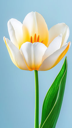 Beautiful White and Yellow Tulip Blooming Against a Soft Blue Backgroundの素材