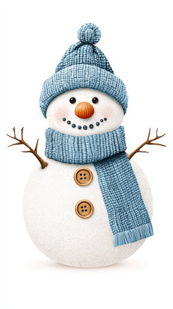 Cheerful snowman wears blue hat and scarf, isolated white background, suitable for winterの素材