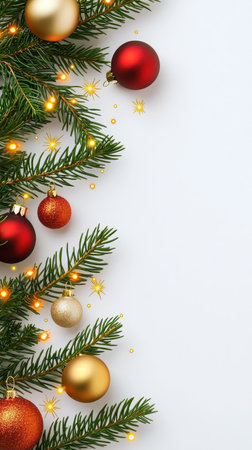 Cheerful Christmas holiday decoration, featuring festive ornaments on spruce branchの素材