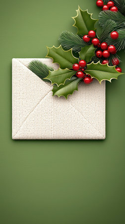 Beautiful knitted holiday envelope features festive holly and bright red berries, evoking warmの素材