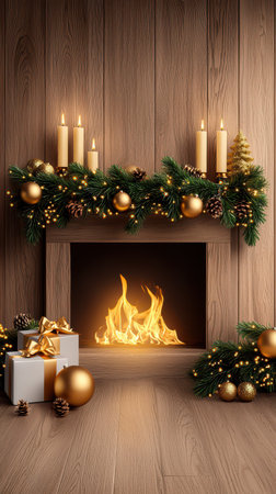 Cozy Christmas fireplace with warm festive decorations creates joyful holiday spiritの素材