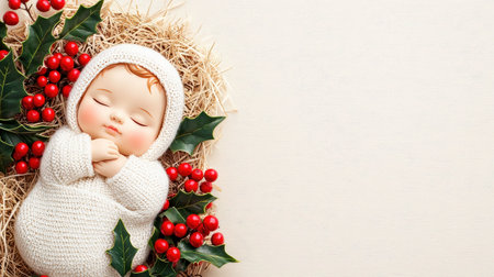 Adorable Baby Surrounded by Red Berries and Green Leaves in Nestの素材