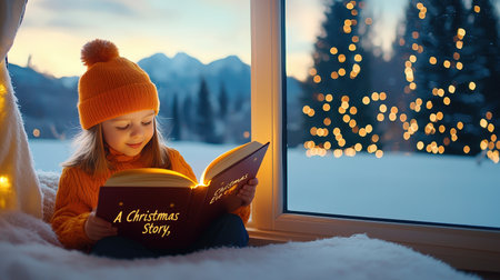 Child Reading by Window with Christmas Decorations and Snow Outsideの素材