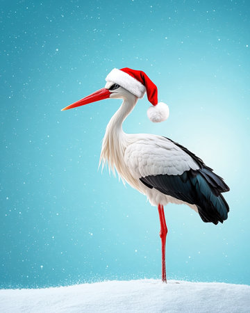 Christmas Celebrations with a Santa Hat on a Snowy Craneの素材