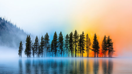 Tranquil Landscape of Misty Lake with Colorful Sunrise Skyの素材