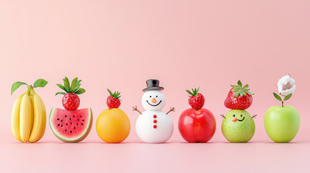 Colorful Fruit Characters with Snowman on Pink Backgroundの素材