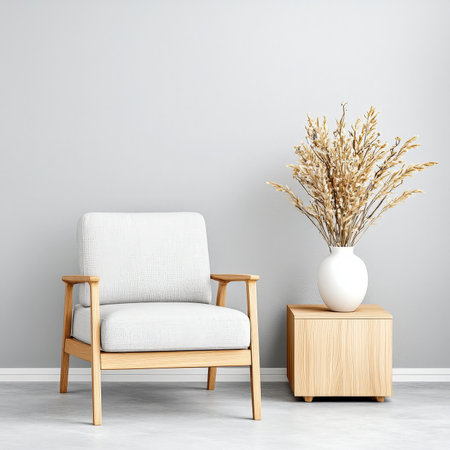 Modern minimalistic living room with light neutral decor and plantの素材