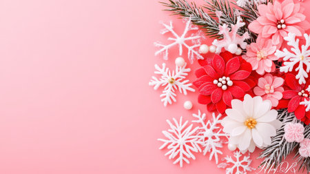 Colorful Floral Arrangement with Snowflakes on Pink Backgroundの素材