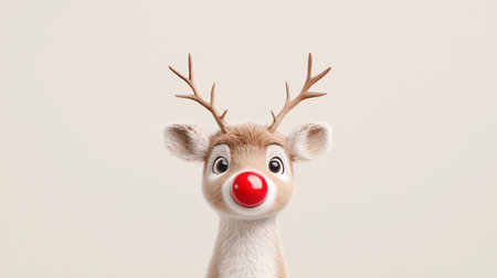 Cute Cartoon Reindeer with Red Nose and Antlers on Neutral Backgroundの素材