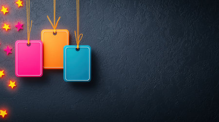 Colorful Tags and Stars on Dark Background for Creative Projectsの素材