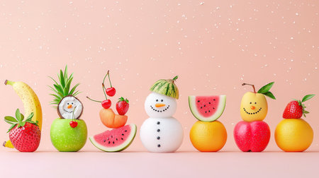 Creative Art of Fruit Snowmen With Playful Expressions on Pink Backgroundの素材