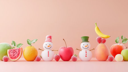 Playful Fruit Snowmen with Colorful Decorations on Soft Backgroundの素材