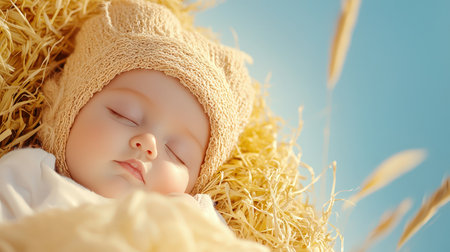 Sweet Baby Sleeping Peacefully in Cozy Hay with Soft Lightingの素材