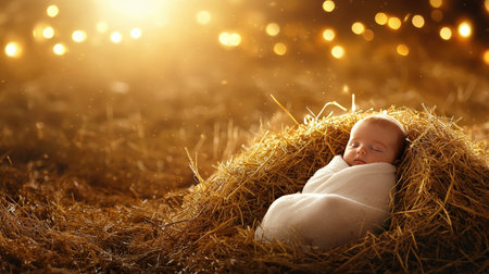 Serene Baby Sleeping Peacefully in a Hay Bed Under Glowing Lightsの素材