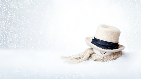 Snowman with Hat and Scarf Surrounded by Falling Snowflakesの素材