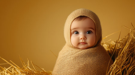 Adorable Baby Wrapped in Natural Fabric with Soft Expressionsの素材