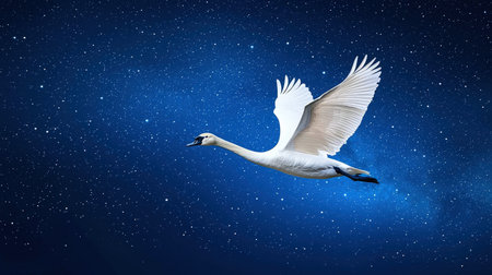 Majestic Swan Flying Through a Starry Night Sky in Vibrant Blueの素材