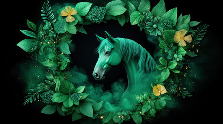 A captivating illustration of a green horse framed by lush leaves and vibrant flowers, evoking a magical and serene atmosphere perfect for nature lovers and art enthusiasts.の素材